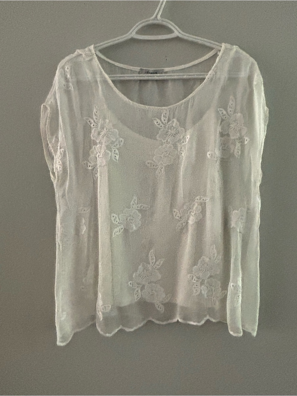 Angela Moda Made in Italy Sheer Silk Blend Floral Embroidered Top White L/G